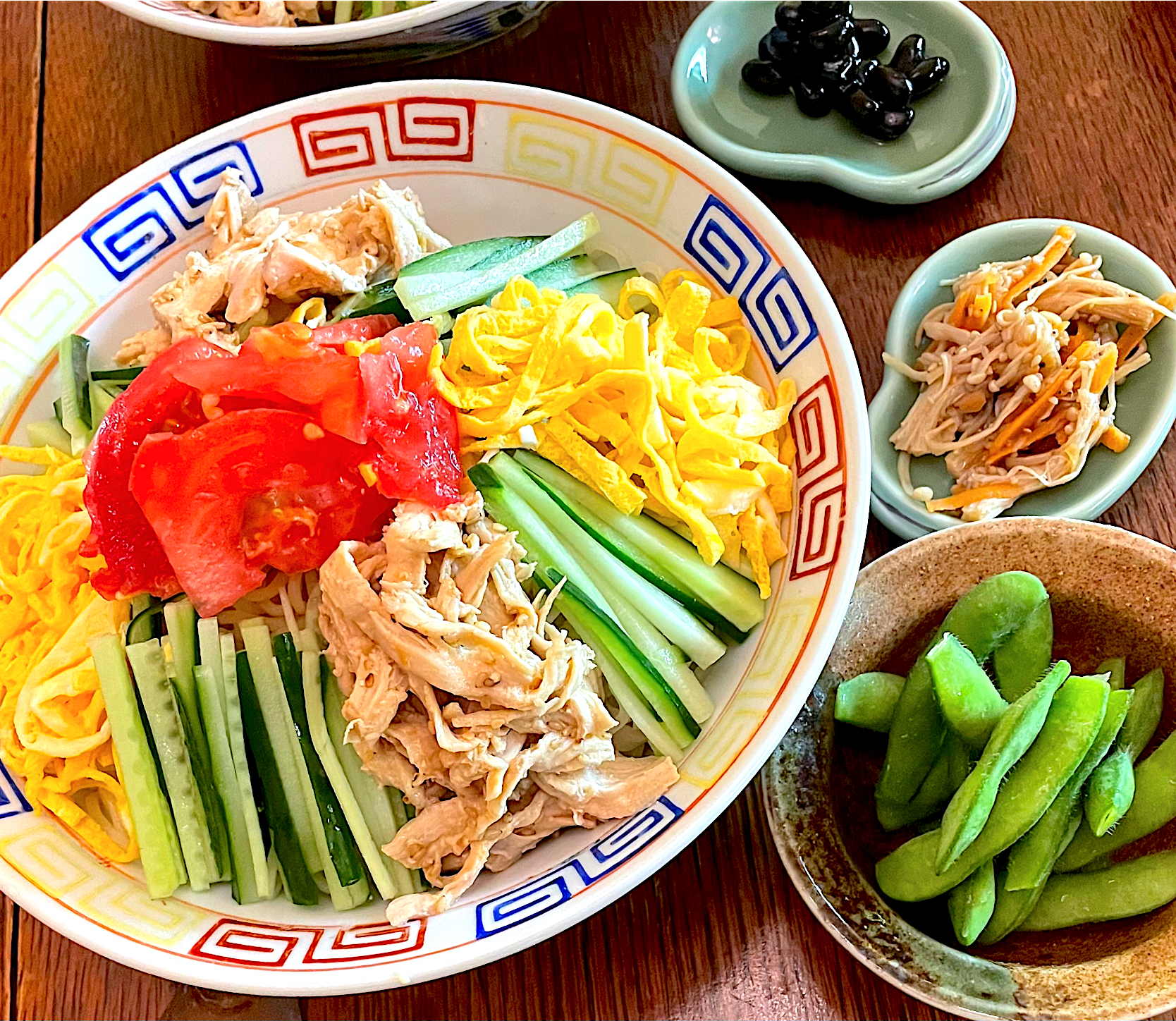 晩ごはん♯冷やし中華♯夏野菜♯枝豆♯胡瓜♯トマト