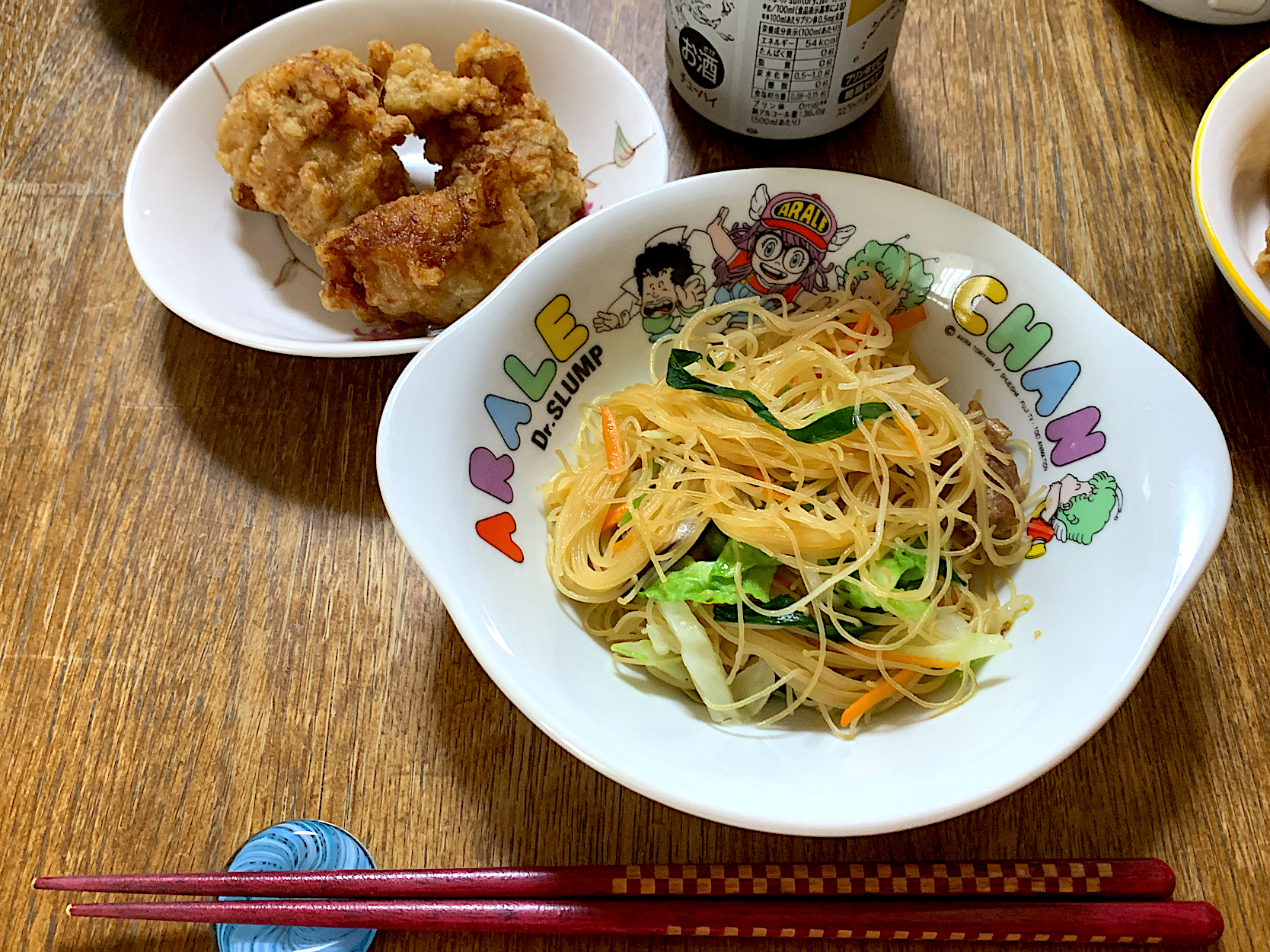 野菜たっぷりビーフン・唐揚げ