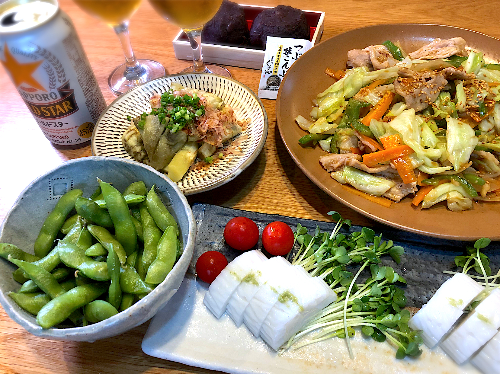 豚ロース生姜炒め　焼き茄子　板わさ　茶豆