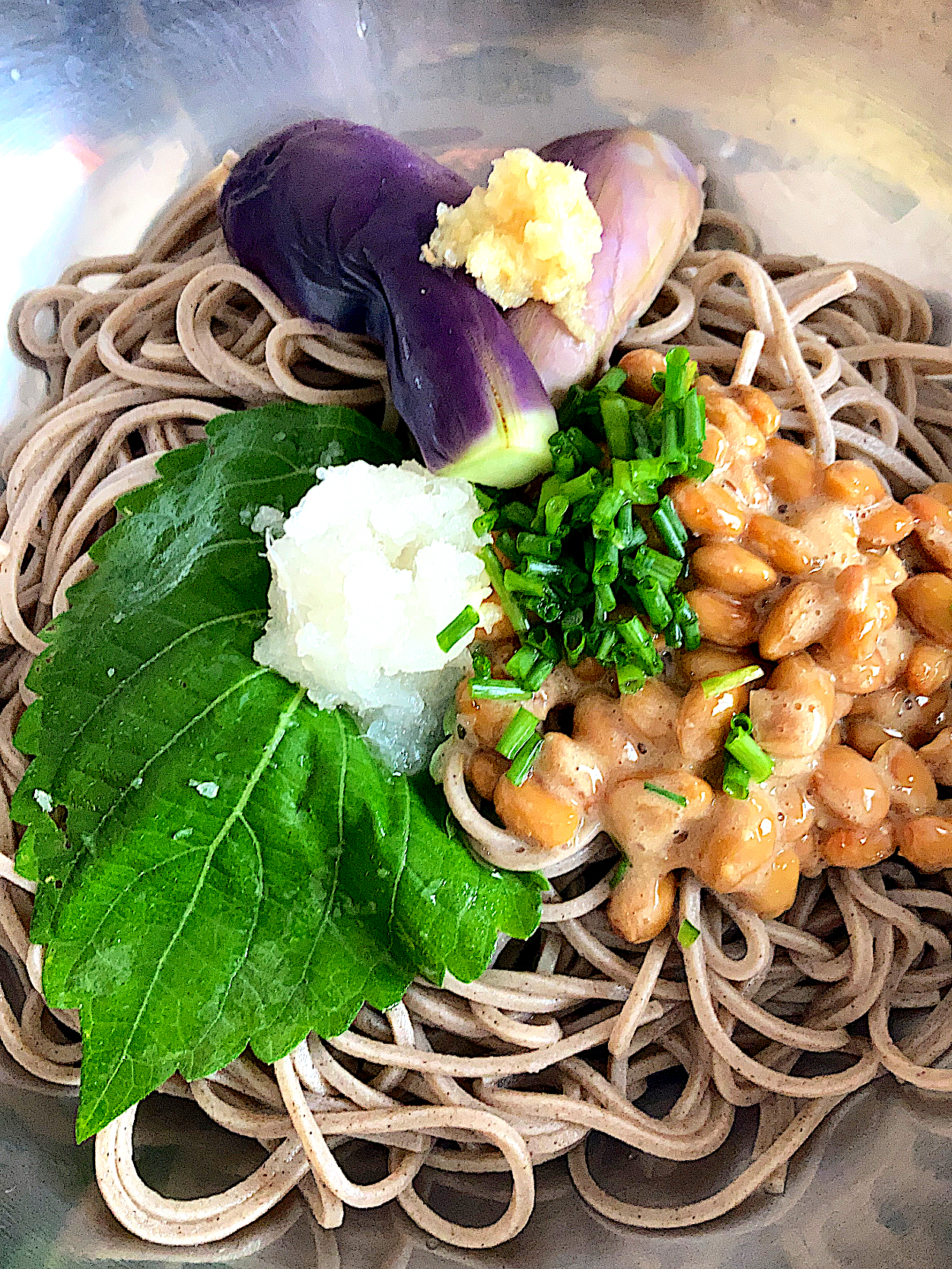 プランター野菜🍆🌱で納豆蕎麦☺️