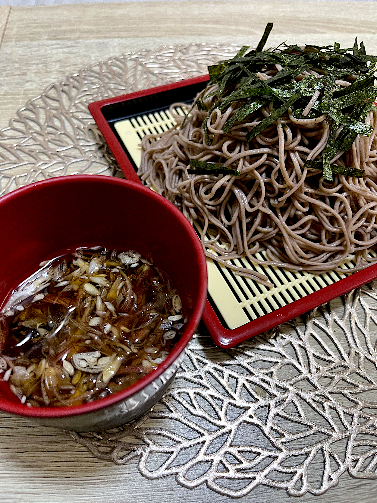 茗荷と生姜たっぷりざる蕎麦（初めて2人前を食す）のお昼ごはん