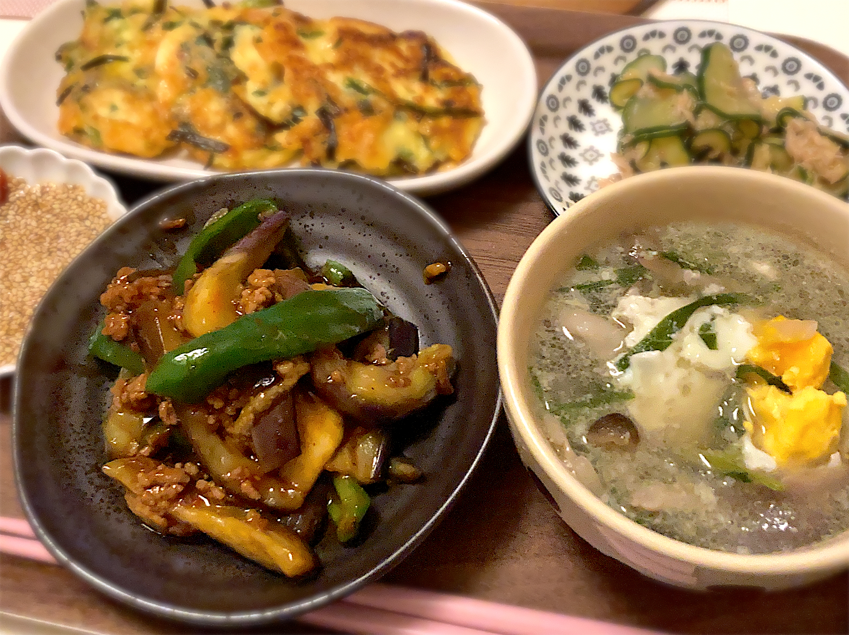 麻婆茄子とニラと玉子のスタミナスープ