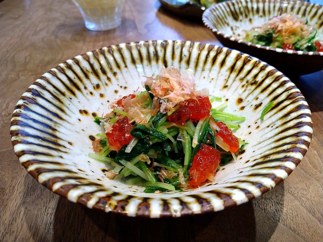 水菜と三つ葉のお浸し すじこのせ