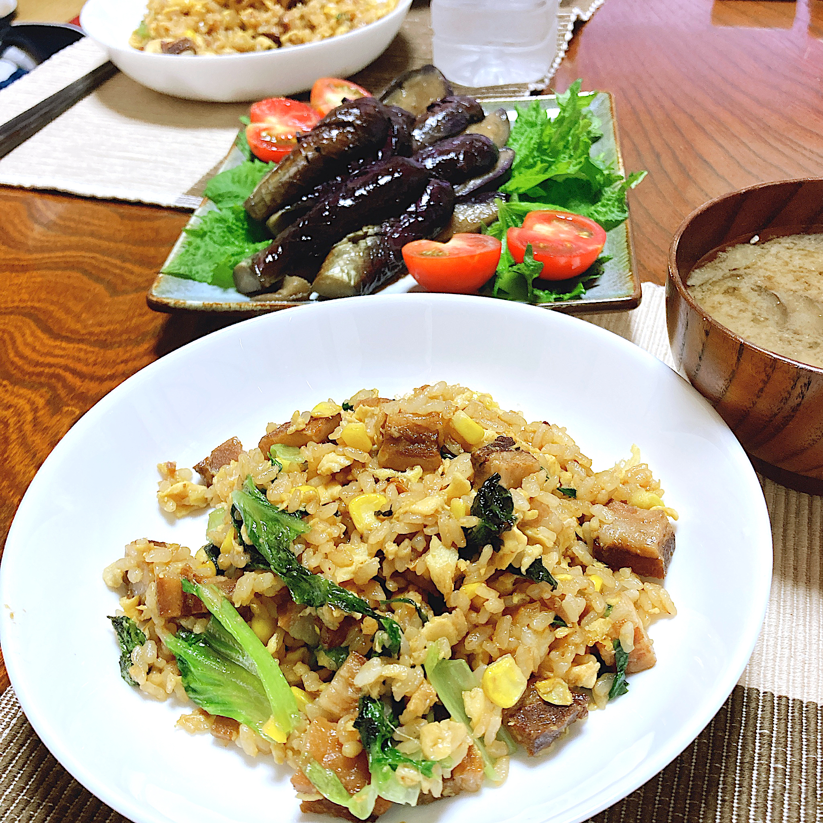 角煮ゴロゴロレタス炒飯と茄子の煮浸し