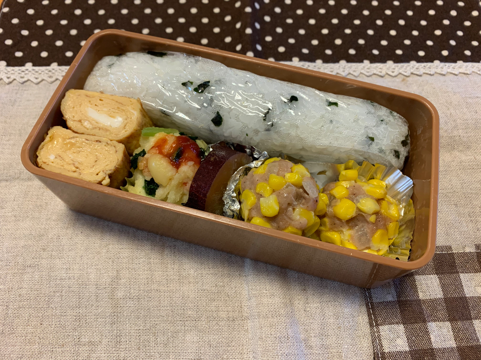 コーン焼売🌽卵焼き🥚ポテサラ🥔さつま芋甘露煮🍠