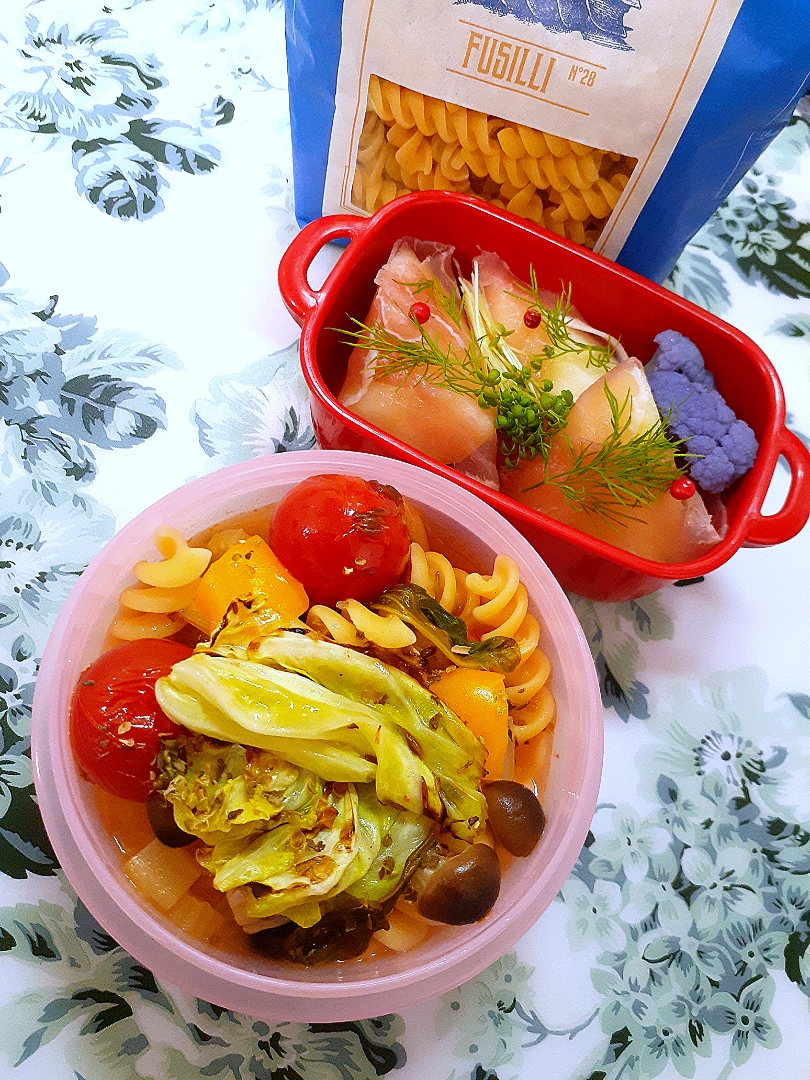 @きなこさんの料理 🔷うどんスープdeミネストローネスープ　クミン🍅🥬焼き野菜添え20221221🔷