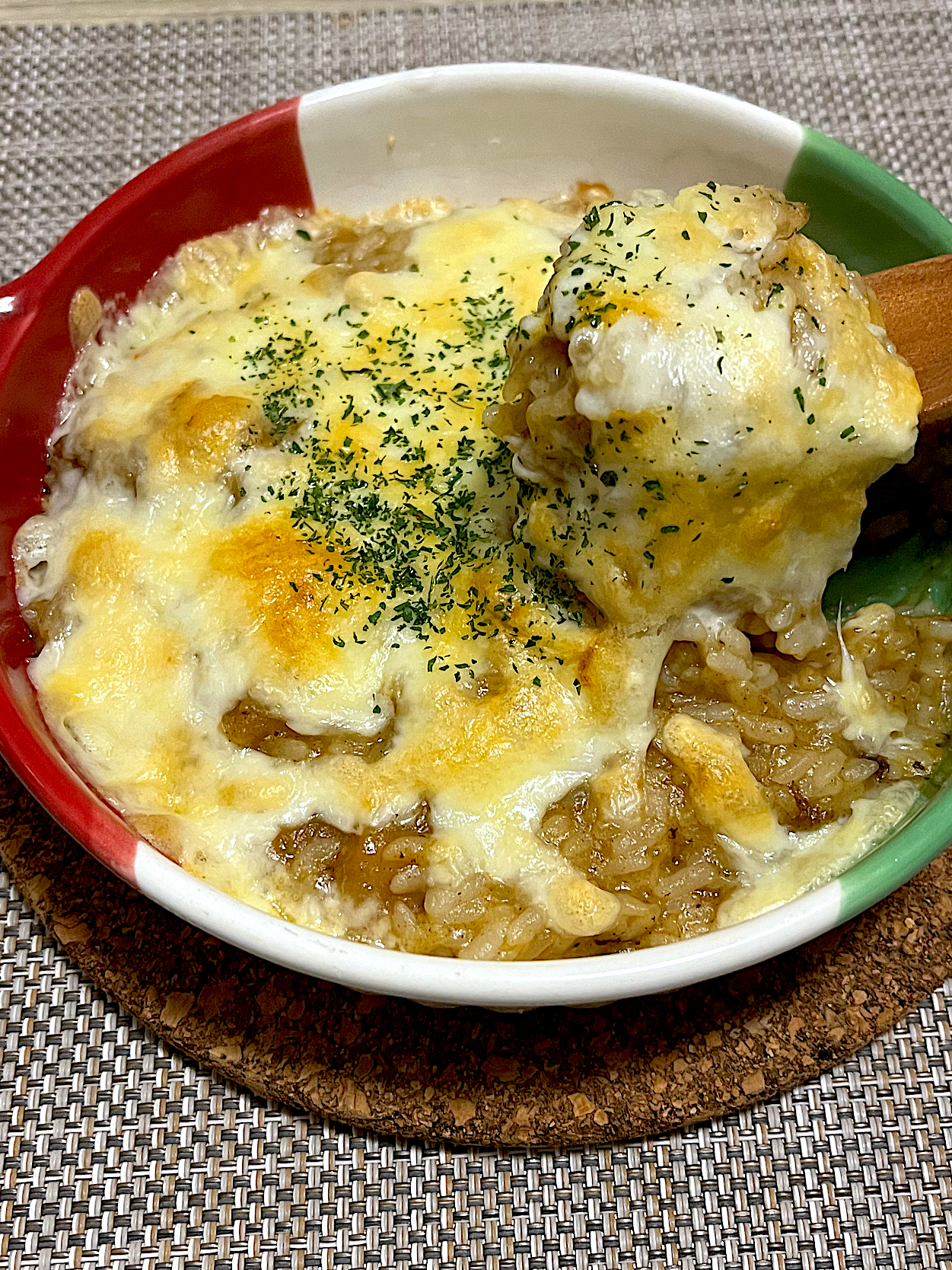 今日の夜ごはん②~焼きチーズカレーリゾット（ビーフカレーリメイク）~