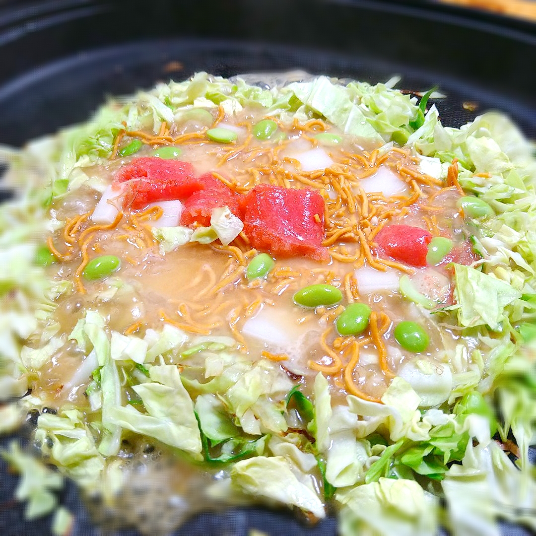 由美さんの料理 これ！うま‼︎つゆでもち明太子チーズもんじゃ焼き😋