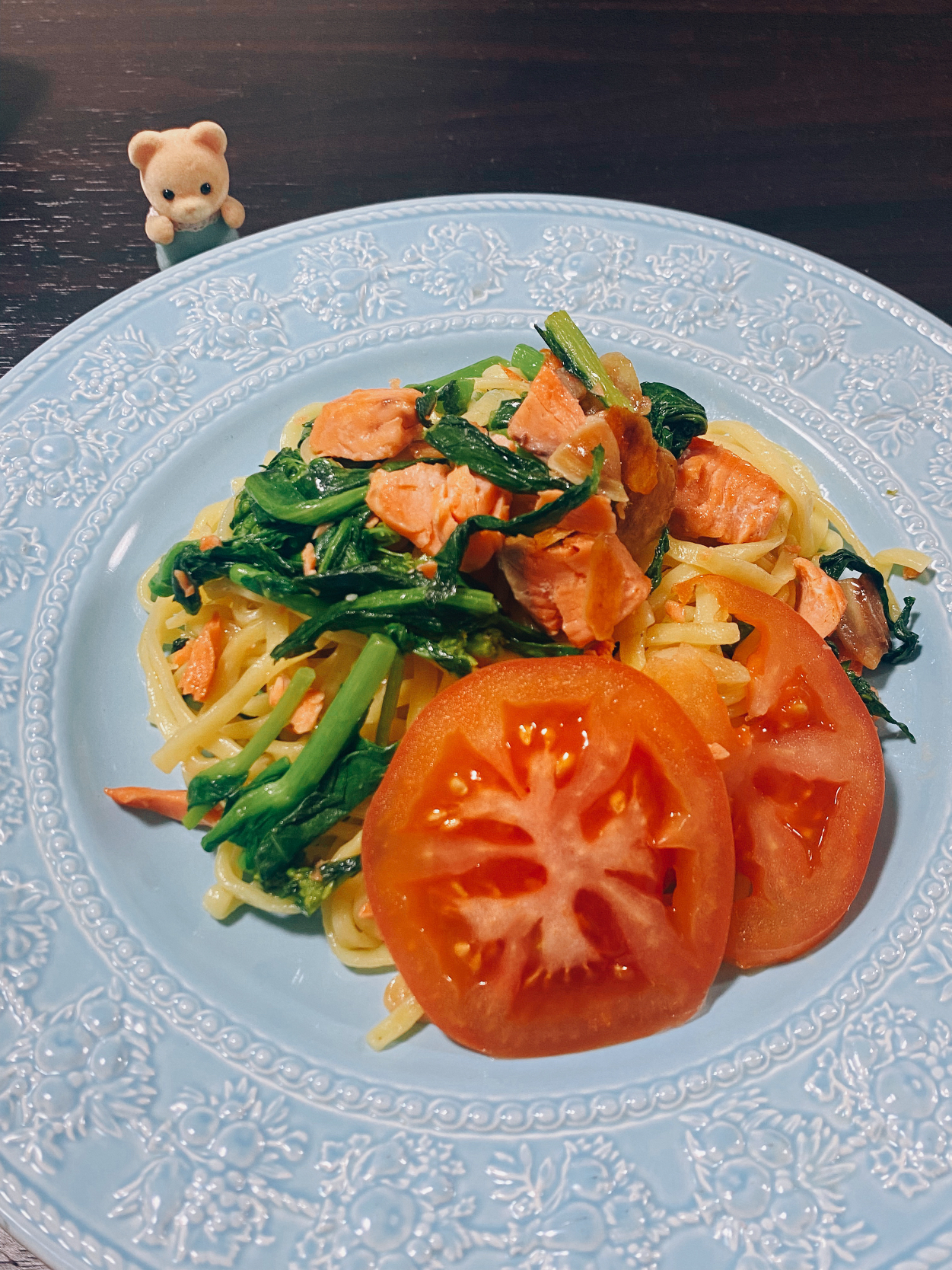 くまと菜の花と鮭のパスタ🌼