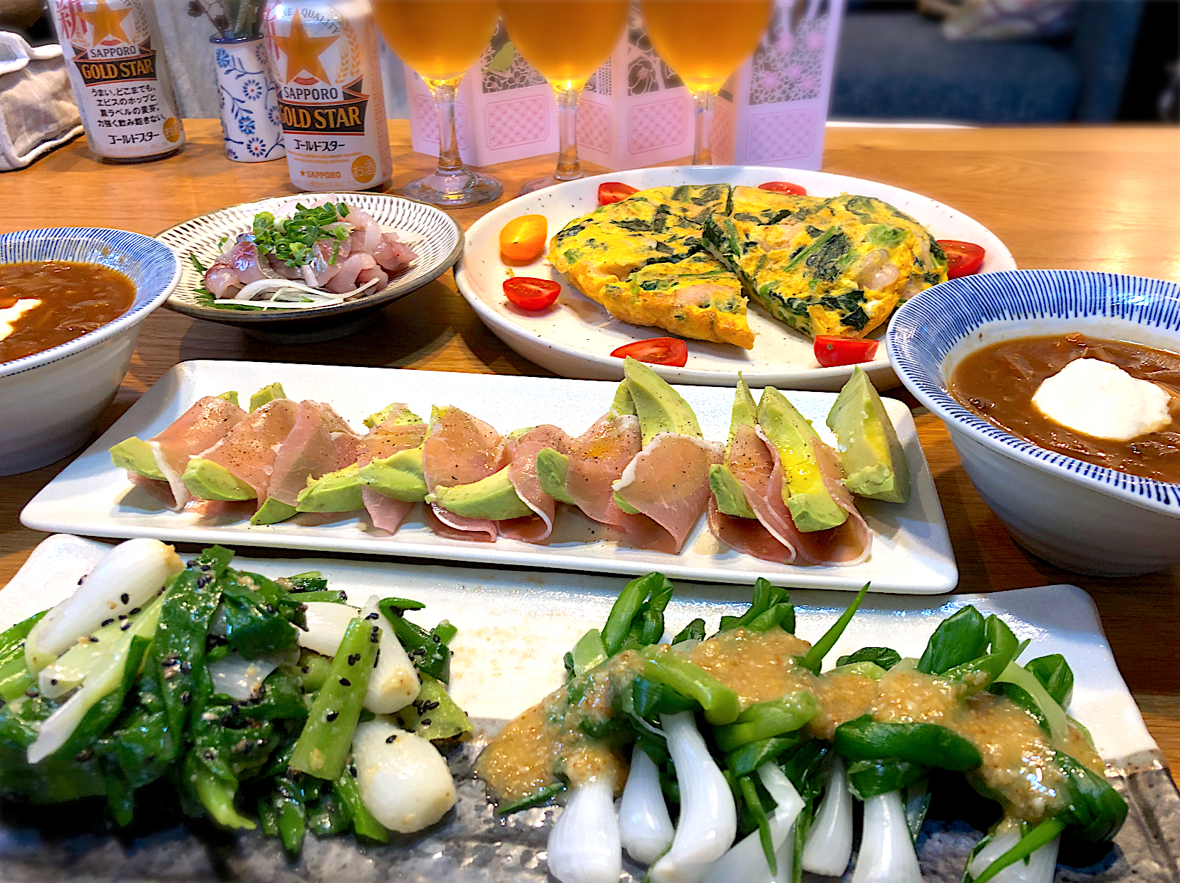 チモトの酢味噌和え　アボカドと生ハム　海老とほうれん草のスパニッシュ風オムレツ　鯵のたたき