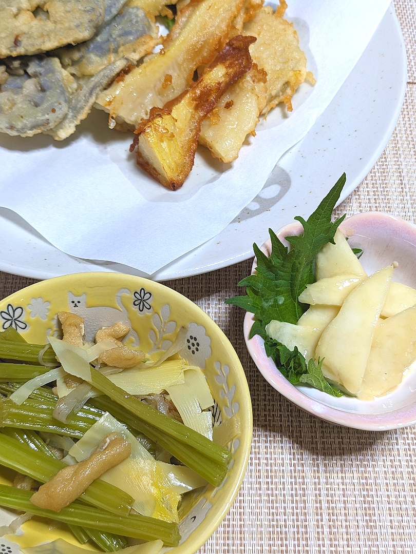 山菜づくし。うどの味噌和えと若牛蒡の含め煮