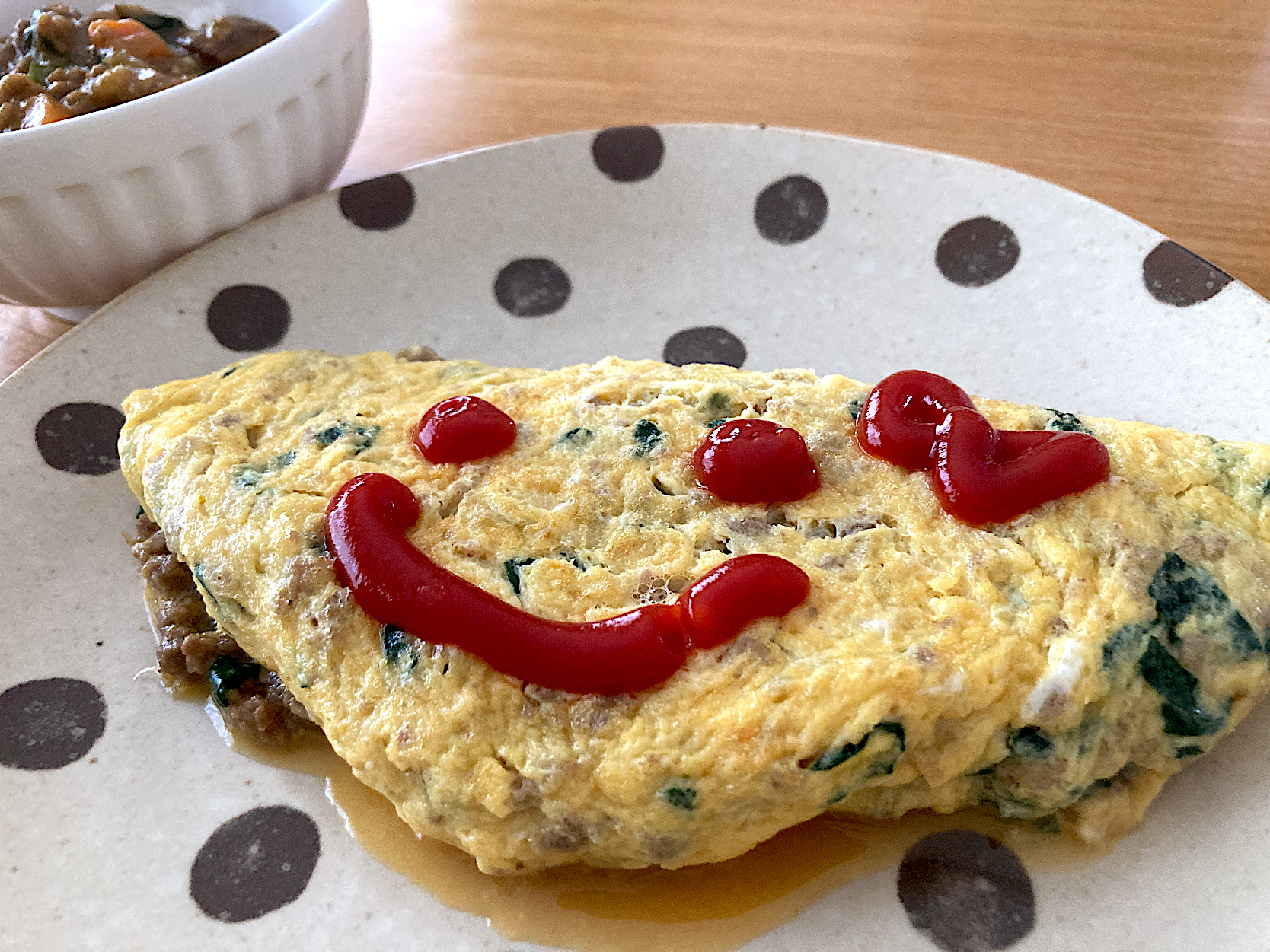 ＊お野菜たっぷりキーマカレー＆ほうれん草と甘辛挽肉のスマイルオムレツ☺️＊