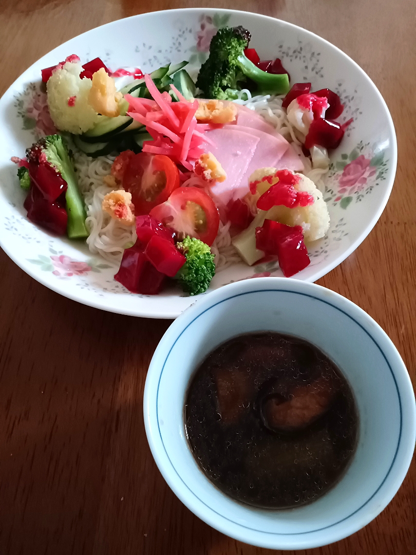 カリフラワーとブロッコリーのビーツをかけた鴨だしそうめん🙂