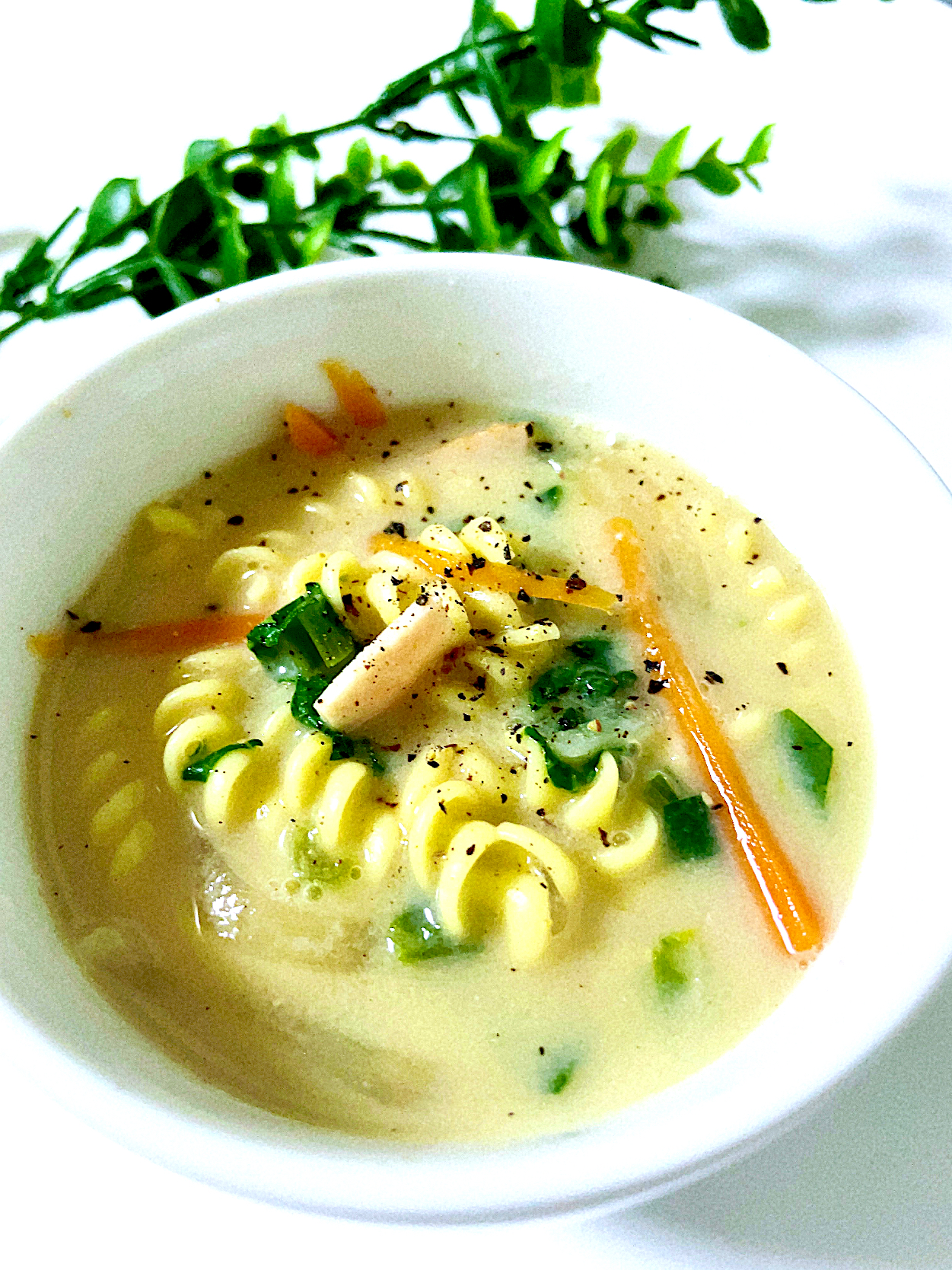 野菜とマカロニの味噌豆乳スープ