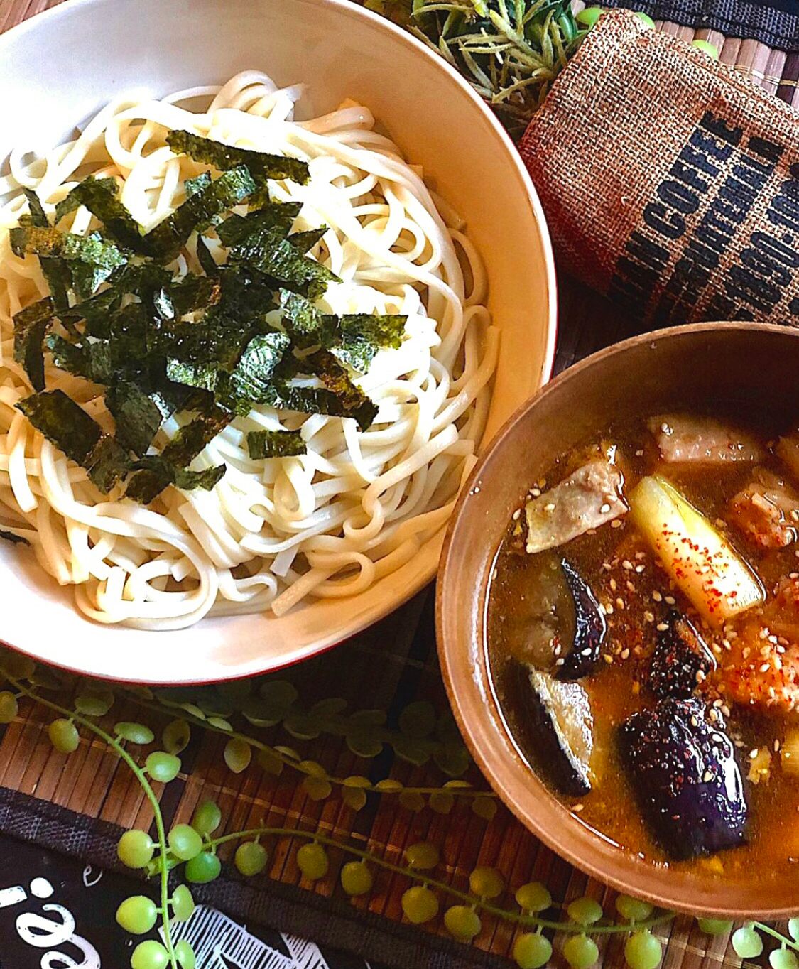 鶏と茄子の鴨南蛮風つけうどん