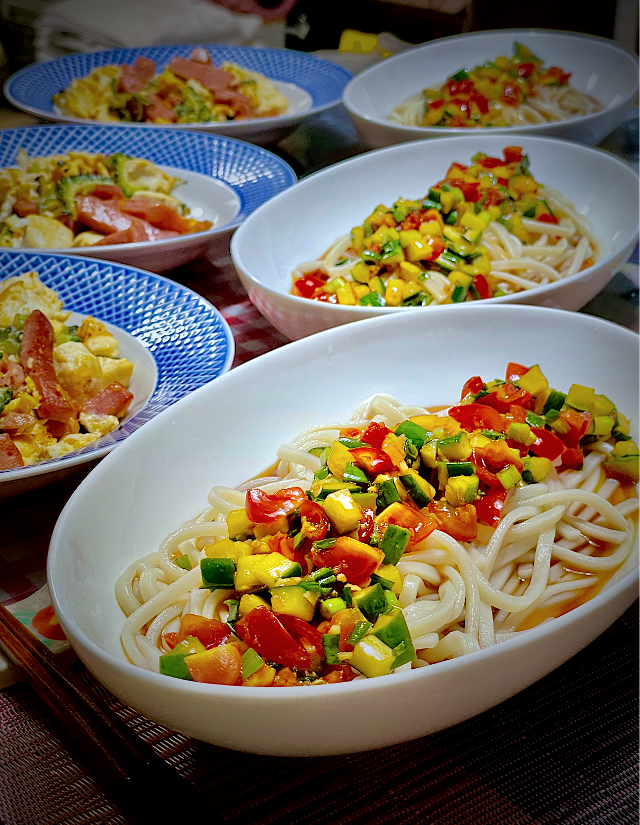 『夏野菜のぶっかけ冷しうどん』✨✨✨キュウリとトマト、甘酢ダレでさっぱりと❣️😋