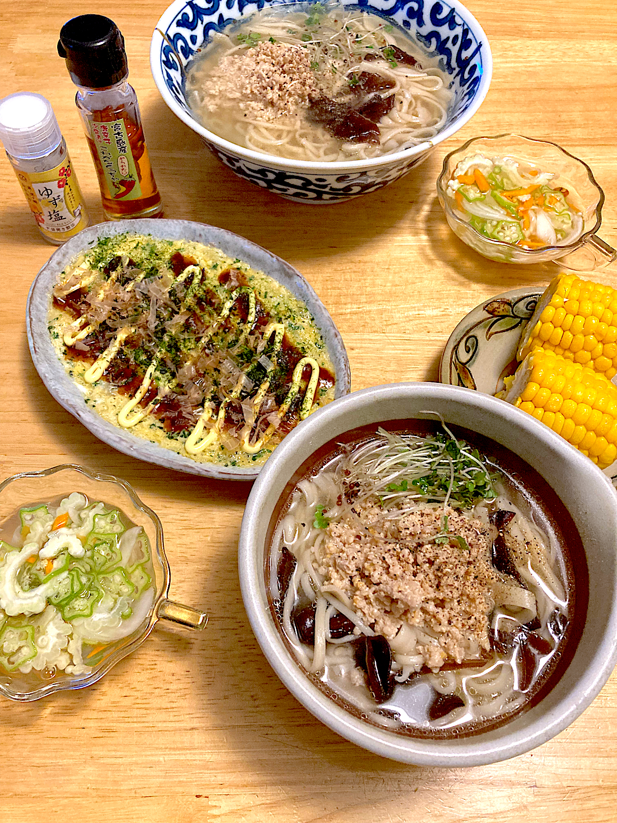 トリセツで観たひき肉出汁のゴールデンスープと出汁をとったひき肉を使って鶏そぼろ全粒粉稲庭うどん꒰ ♡´∀`♡ ꒱