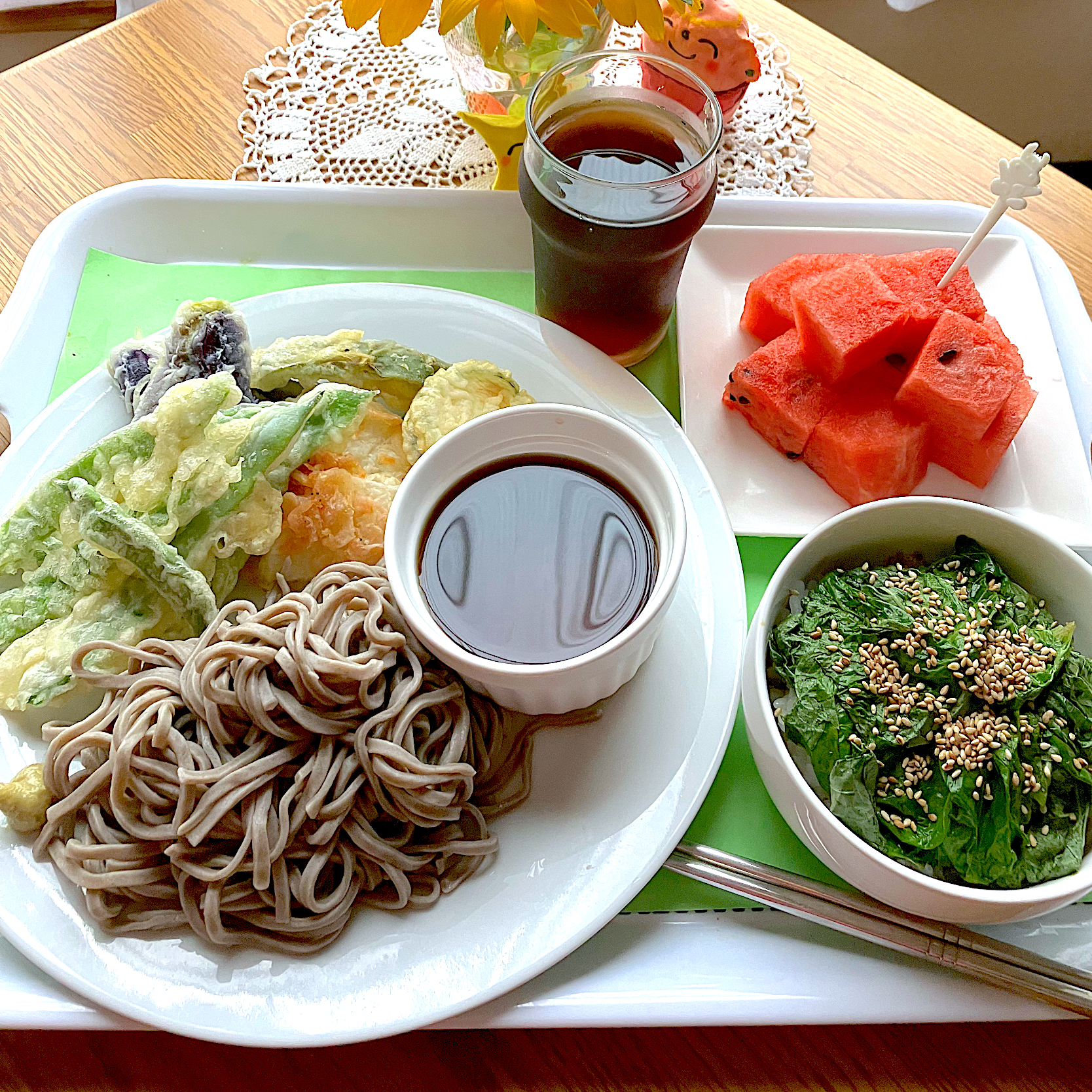 夏野菜天ぷら蕎麦^ ^大葉大量消費大葉めんみ漬けでごはん泥棒🍚