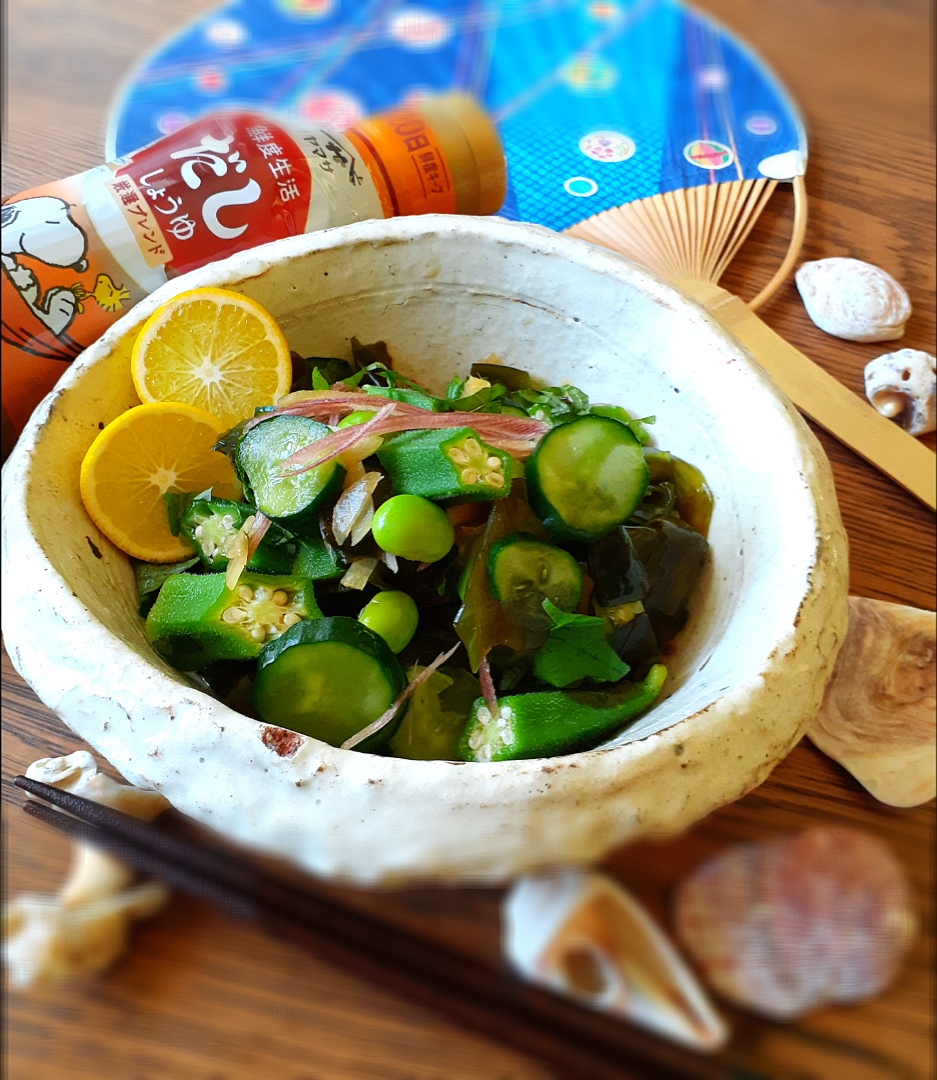 地元産のワカメと夏野菜の酢の物💚