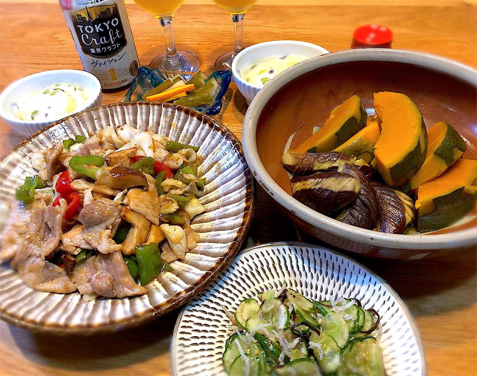 豚ロースの中華炒め　南瓜と茄子の煮物　胡瓜とチリメンジャコの塩昆布和え