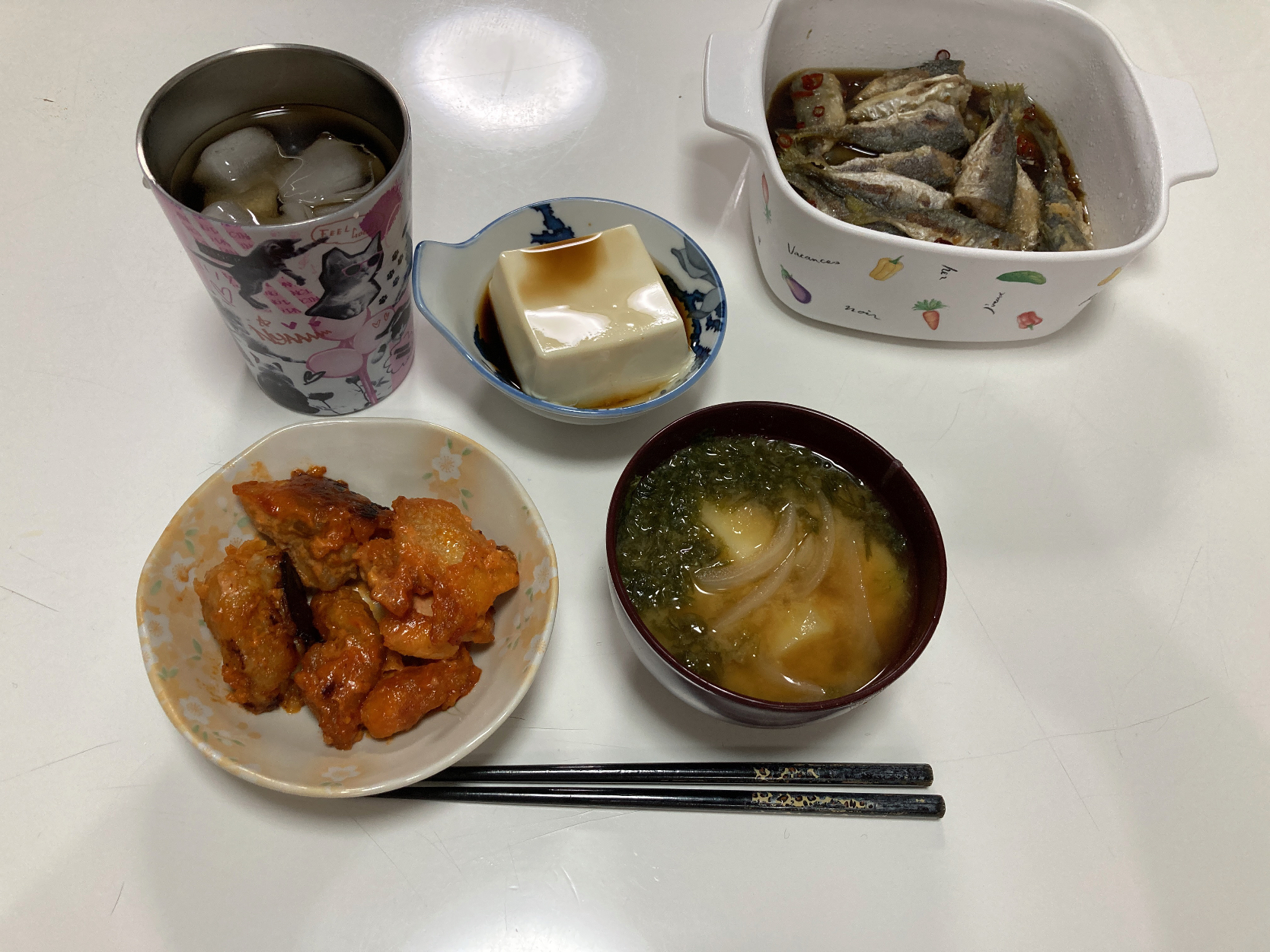 晩御飯☆鶏のオーロラソース炒め☆冷奴☆鯵の南蛮漬け☆みそ汁（じゃが芋・玉葱・あおさ）鯵の南蛮漬けはパパリクエスト。