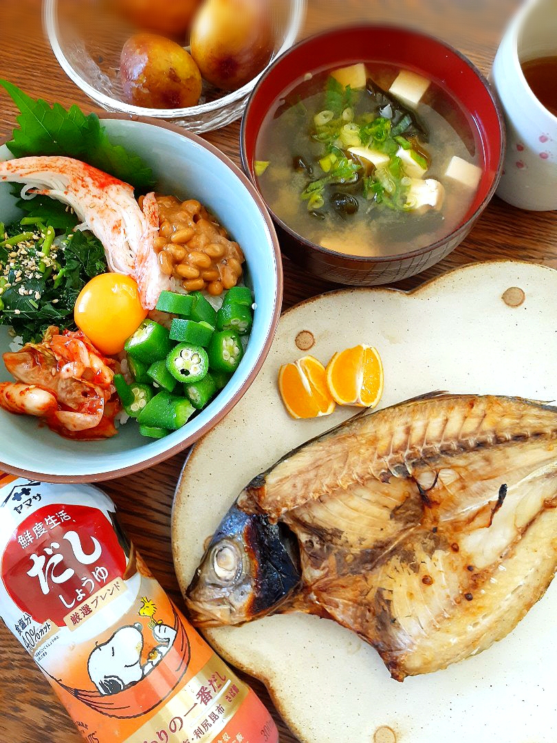 地元産鯵の開き🐟とねばねば丼～🤗