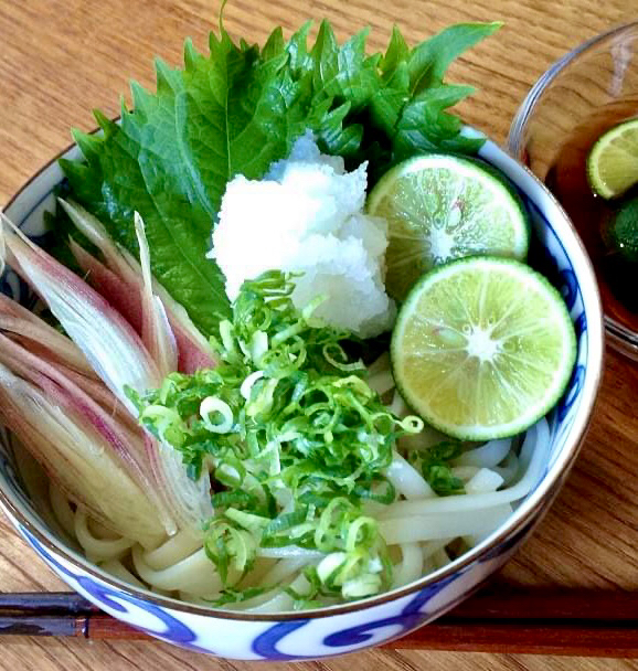 おろし酢橘うどん&昨夜の炊き込みご飯で昼ごはん