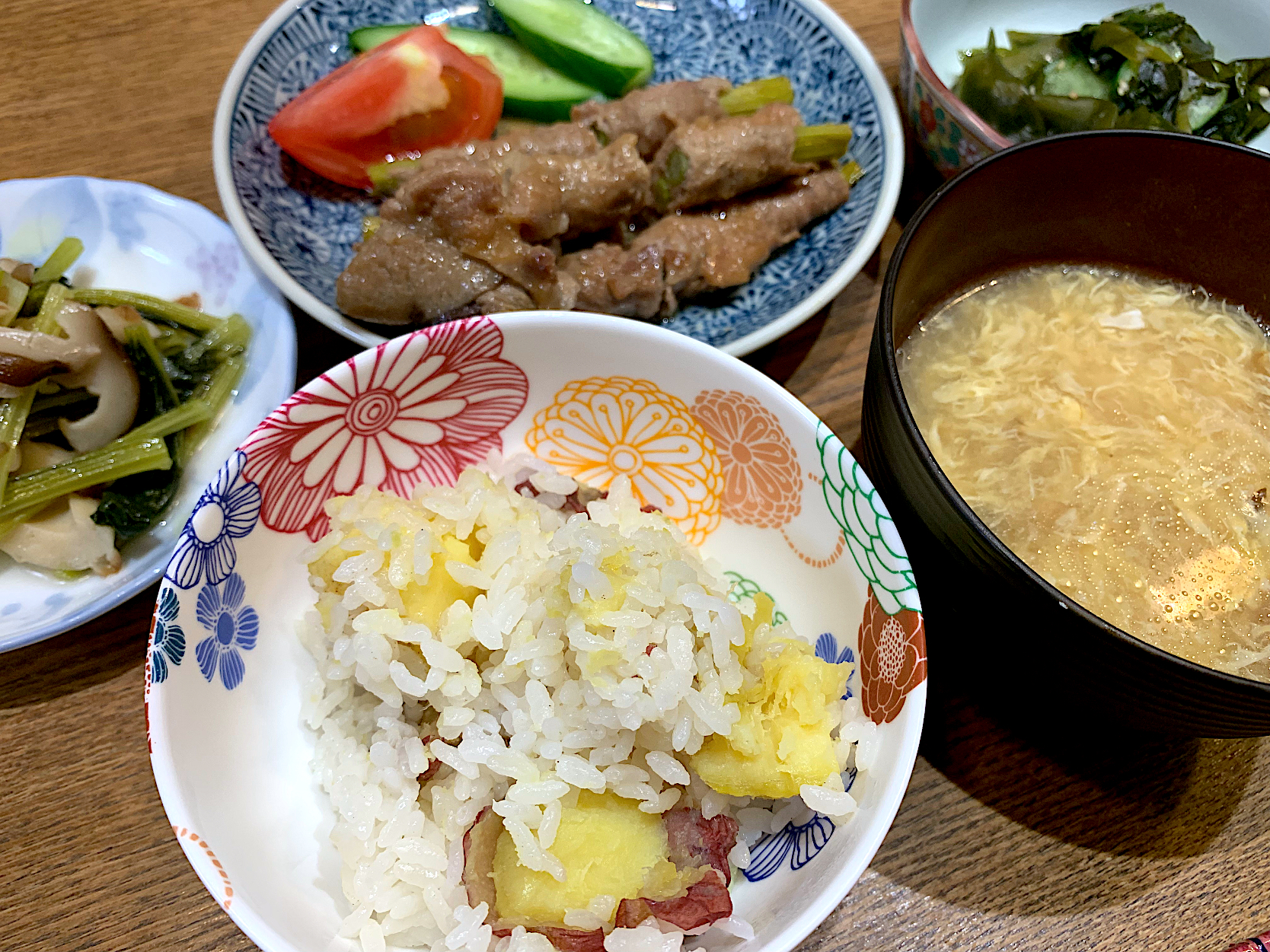 さつまいもご飯、アスパラの肉巻き