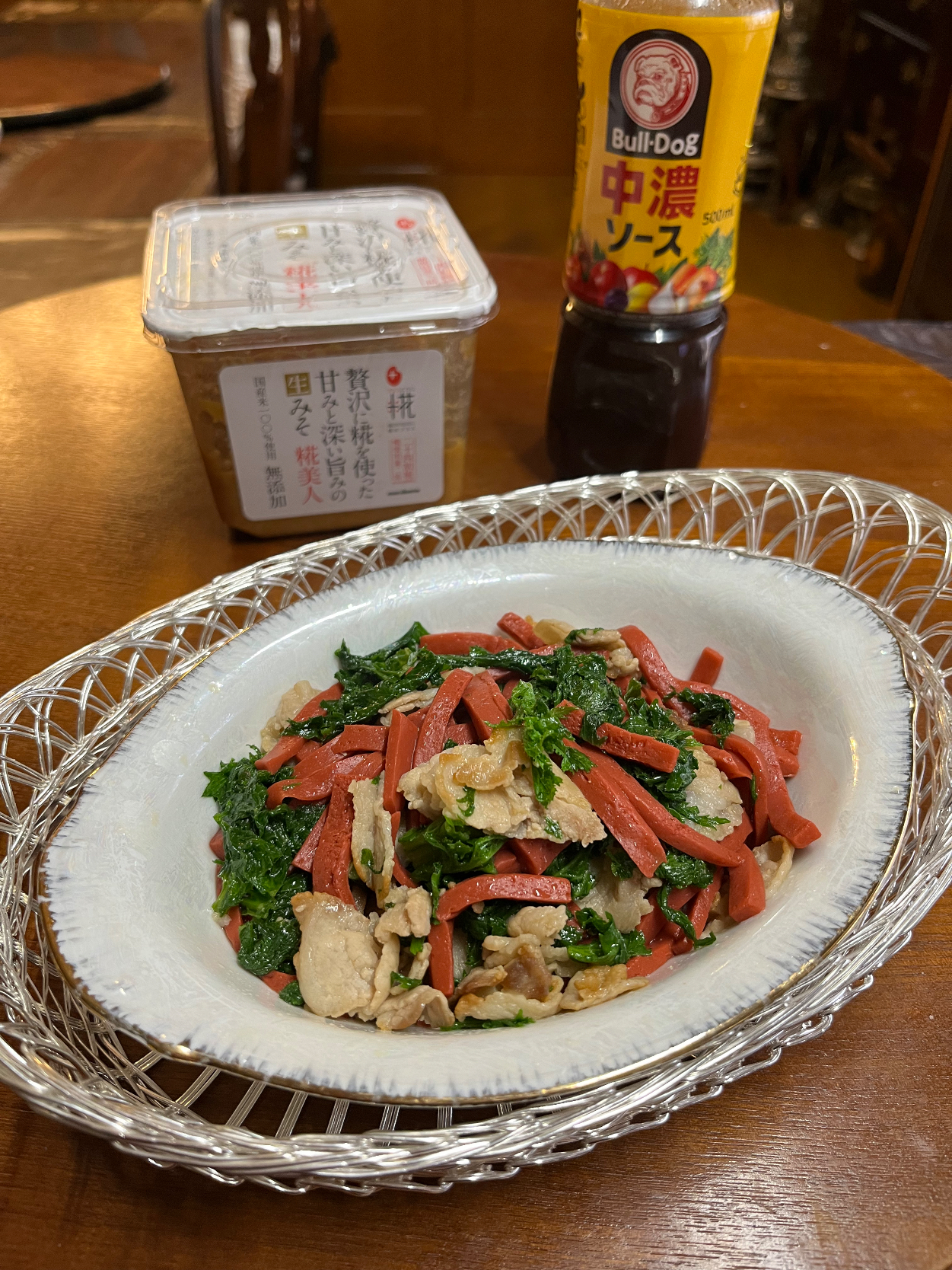赤こんにゃく✳︎わさび菜✳︎クリスマスカラー万能ソース炒め