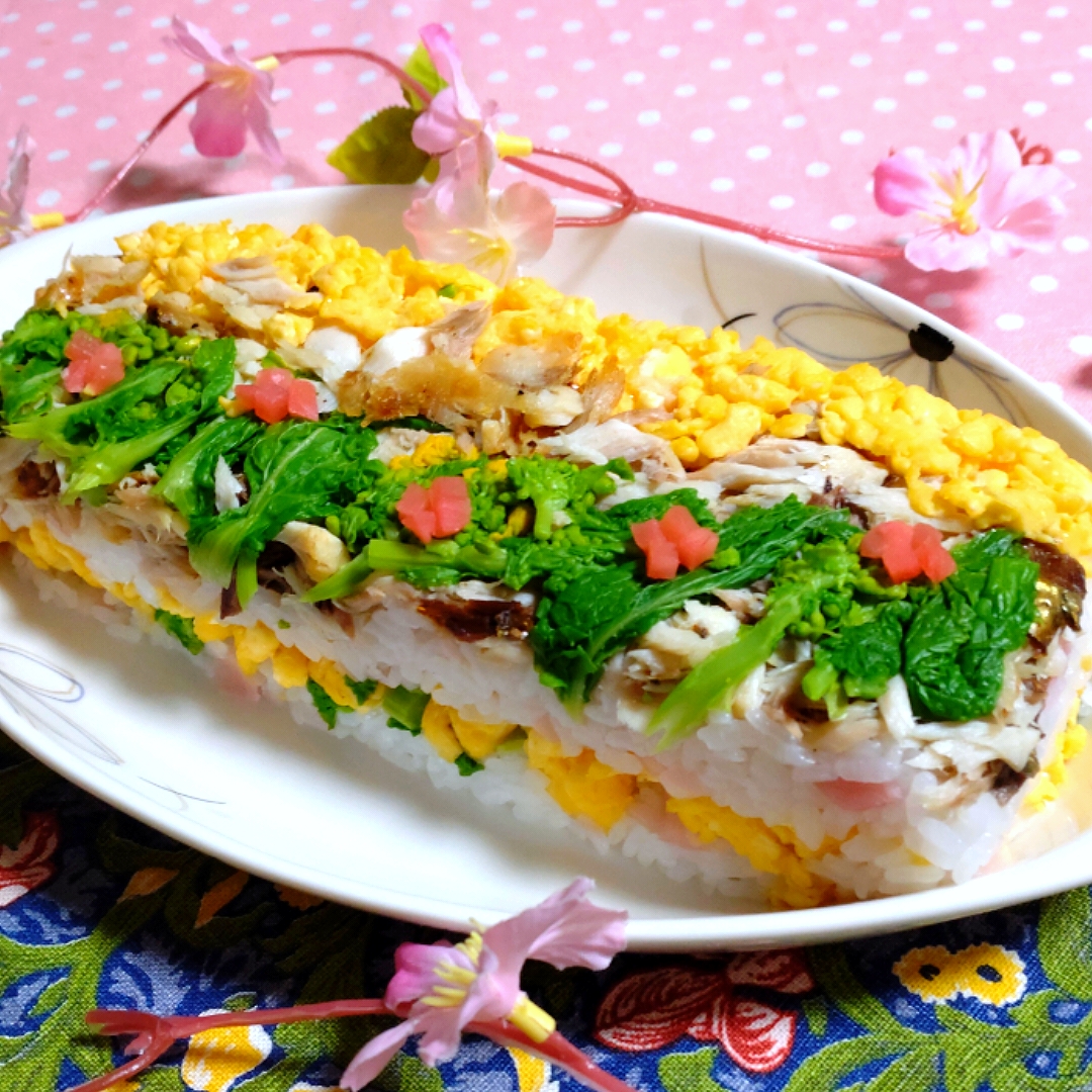かる塩鯖のほぐし身と菜の花の押し寿司