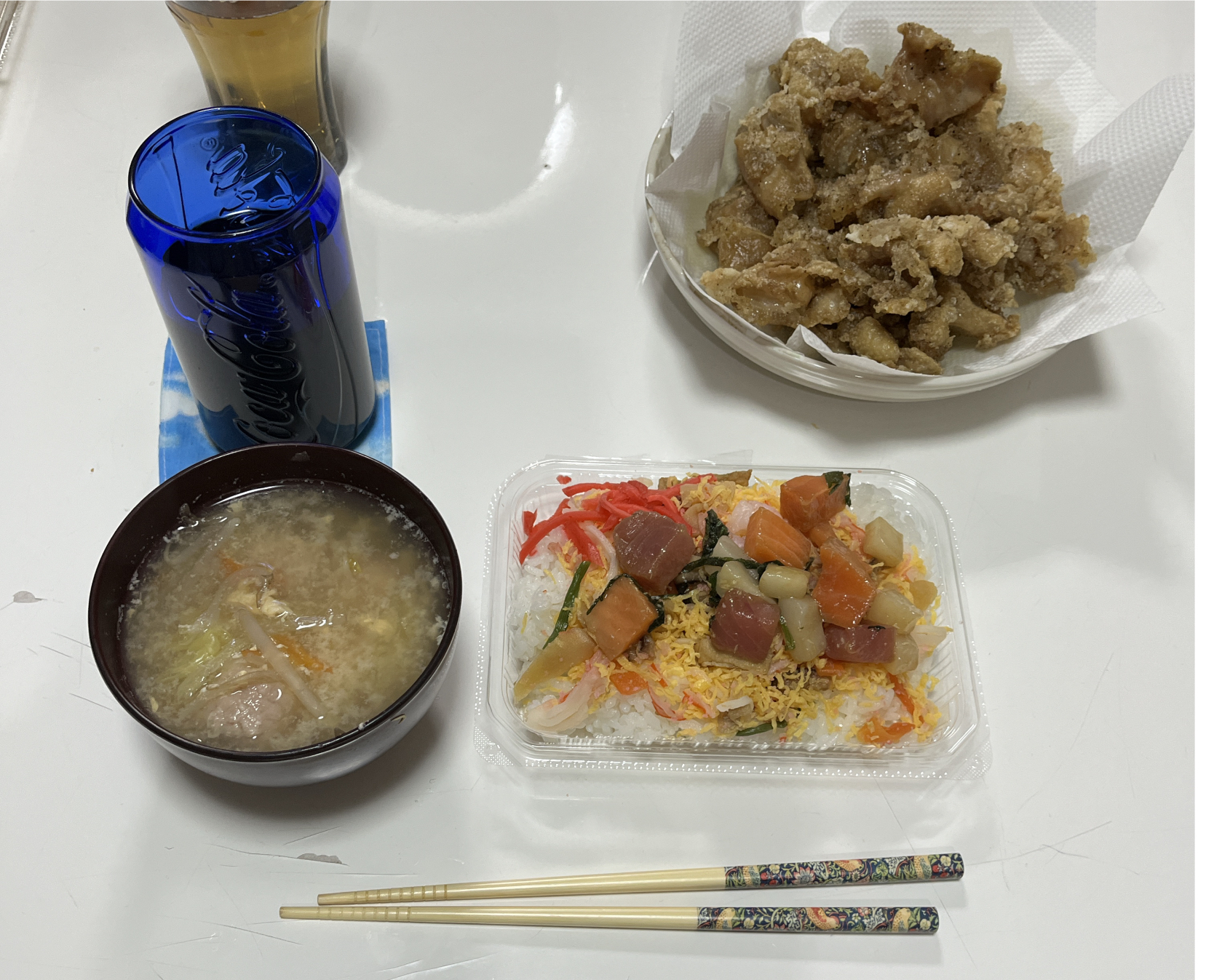 晩御飯☆海鮮ちらし寿司☆鶏皮☆かき玉スープ