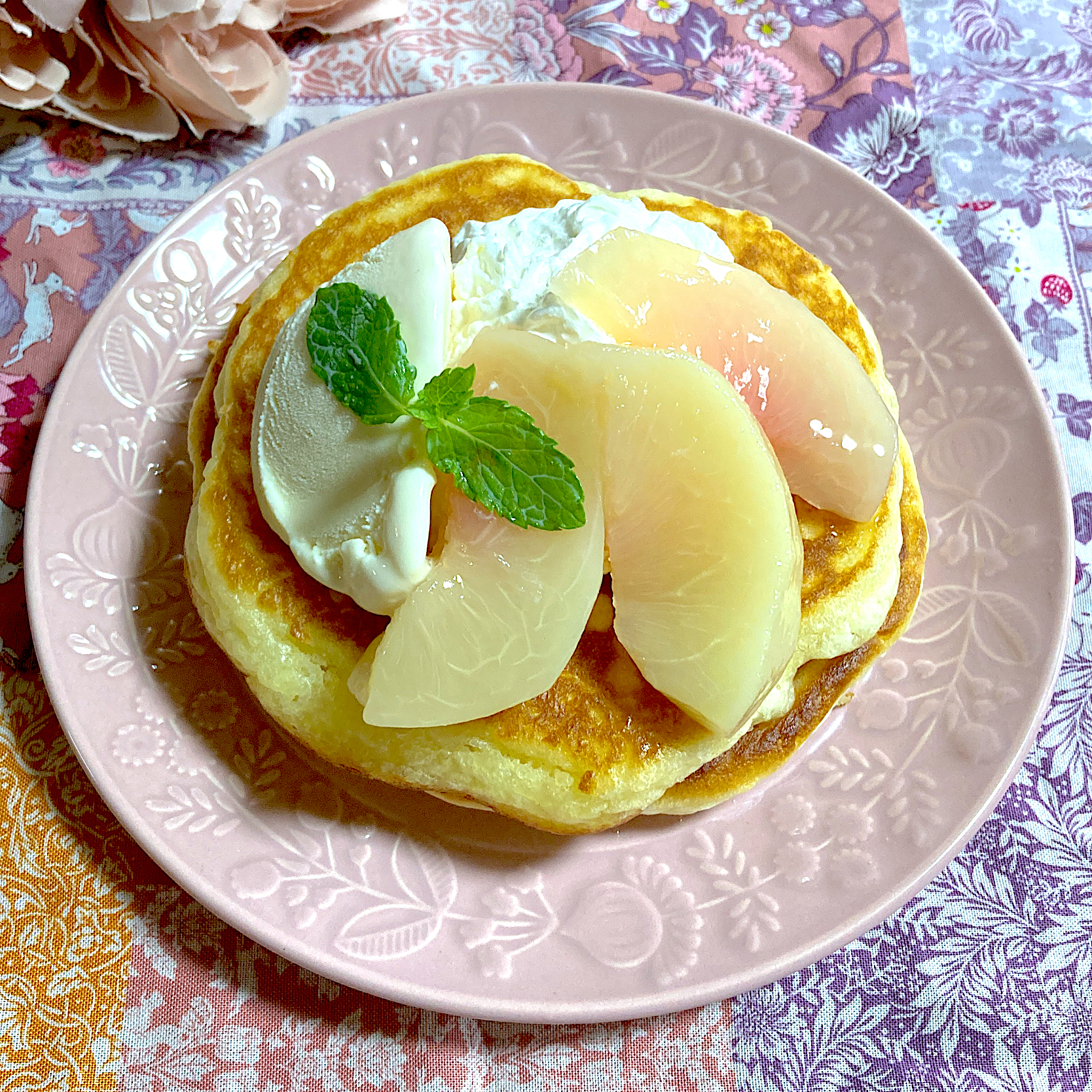 桃🍑のコンポートのパンケーキ🥞