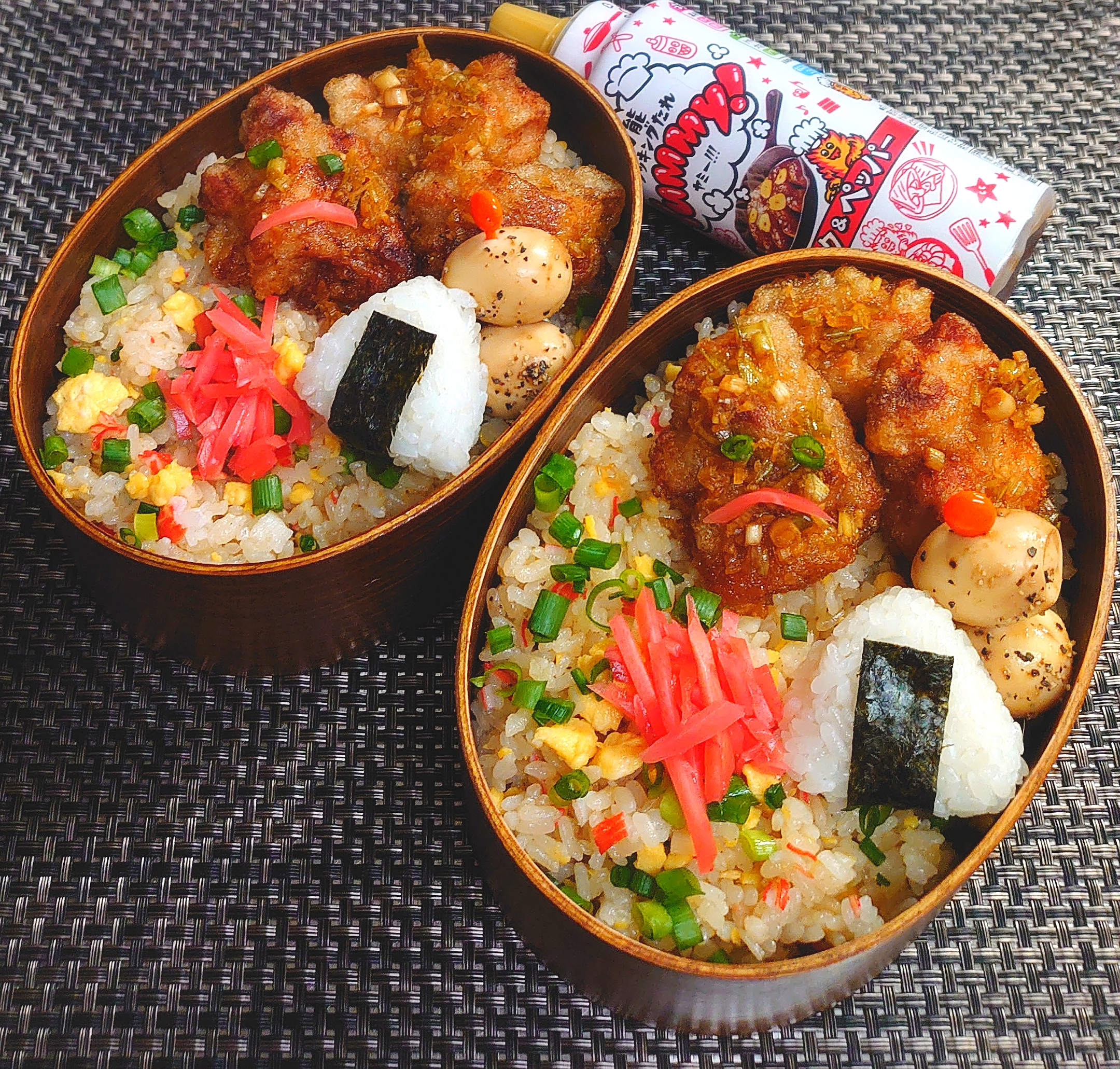 母とムスコのラブラブおソロ♪Yummy!味玉入りꕤ︎︎かに玉炒飯＆油淋鶏弁当