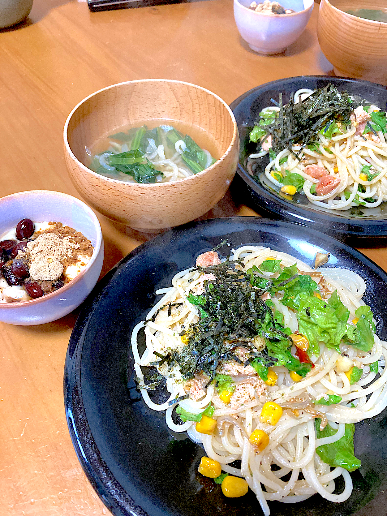 お節料理の最終アレンジ〜数の子と辛子明太子のペペロンチーノ🌶️、かつお菜と切り干し大根のスープ、生乳グルト黒豆きな粉